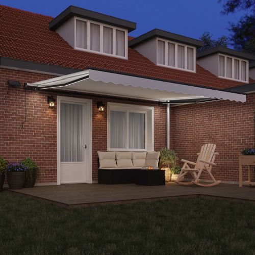 Сгъваем навес С LED лентисти светлини Бяло 450 ×300 cm текстил