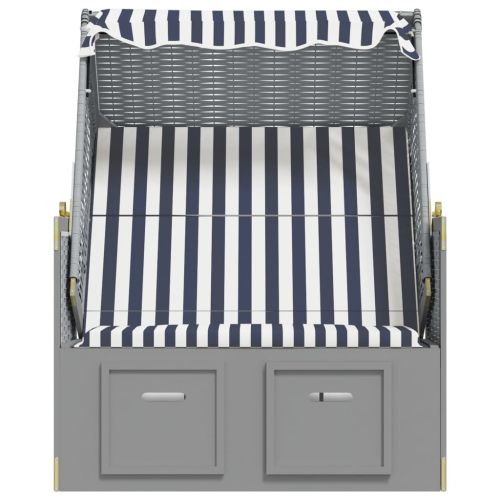 Strandkorb с навес, полиратан и масивно дърво, бяло и синьо