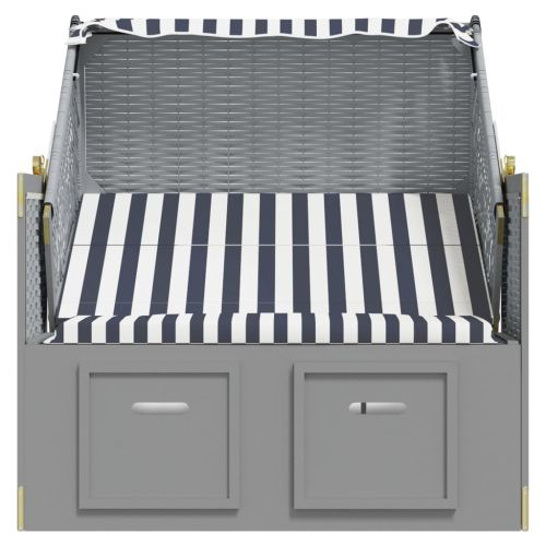 Strandkorb с навес, полиратан и масивно дърво, бяло и синьо