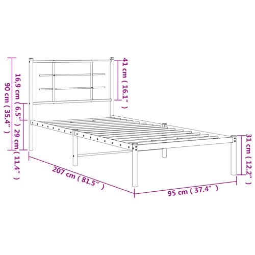 Метална рамка за легло с горна табла, бяла, 90x200 см