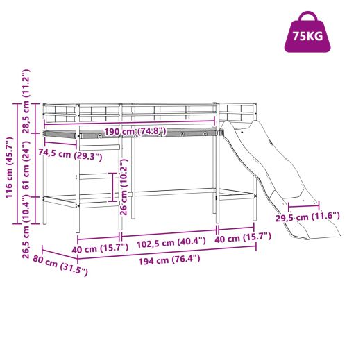 Двуетажно легло с пързалка за деца Бяло и антрацит 75 x 190 cm