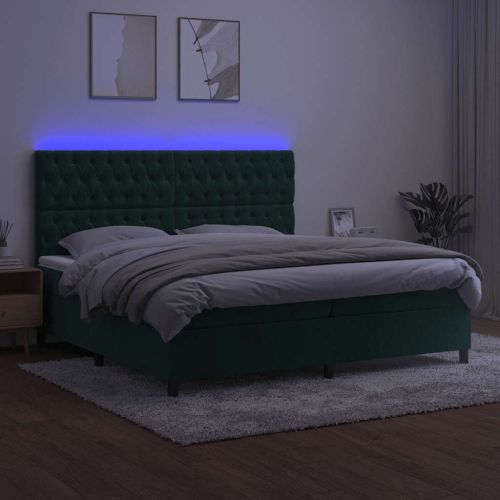 Боксспринг легло с матрак и LED, тъмнозелено, 200x200см, кадифе