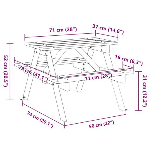 Пикник маса за 4 деца, с отвор за чадър, чамова дървесина масив