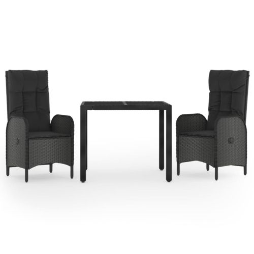 Градински комплект от 3 части с възглавници черни полиратан