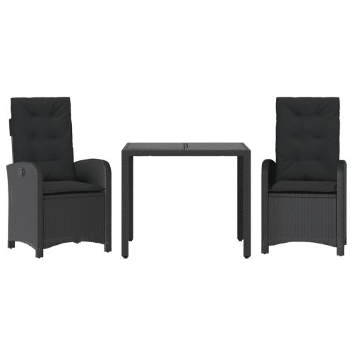 Градински комплект от 3 части с възглавници черни полиратан