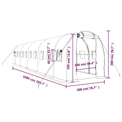 Оранжерия със стоманена рамка бяла 20 м² 10x2x2 м