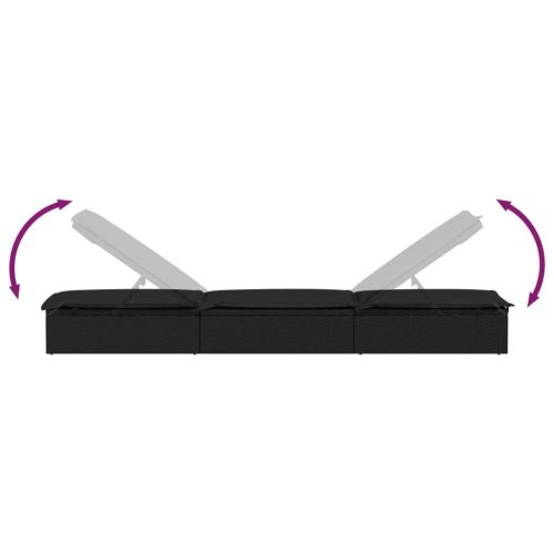 Шезлонги, 2 бр, с маса, полиратан, черни