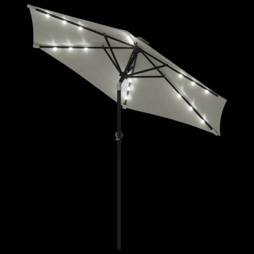 Градински чадър с LED и стоманен прът, бял, 225x225x212 см