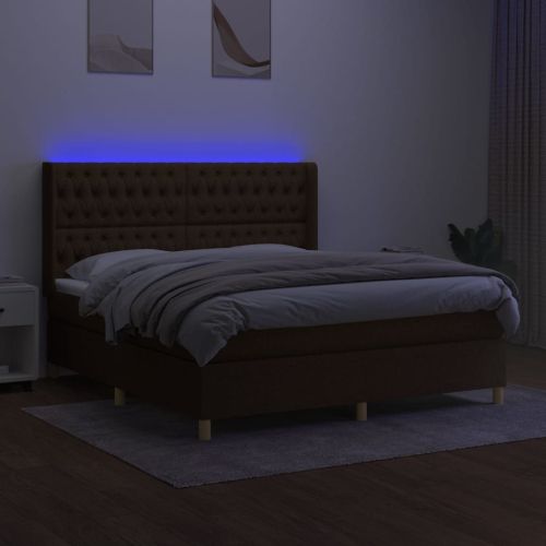 Боксспринг легло с матрак и LED, тъмнокафяво, 160x200 см, плат