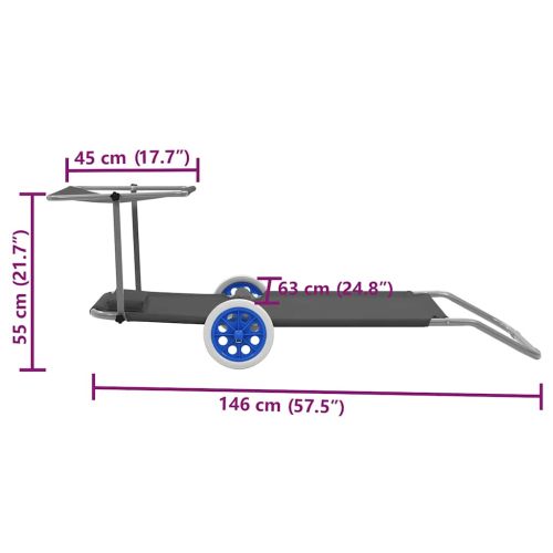 Сгъваем шезлонг с козирка и колелца, стомана, сив