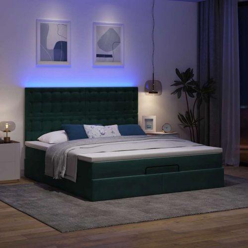Османска легло с матраци и LED, тъмнозелено, 180x200 см, кадифе