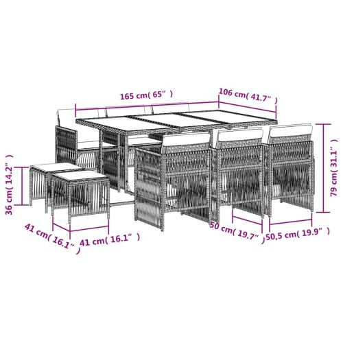 Градински комплект с възглавници, 11 части, бежов полиратан