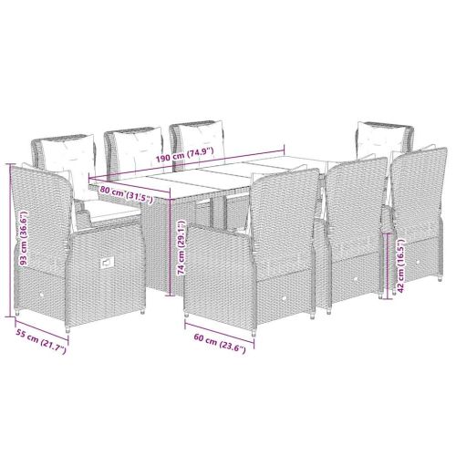 Градински трапезен комплект 9 части с възглавници сив полиратан