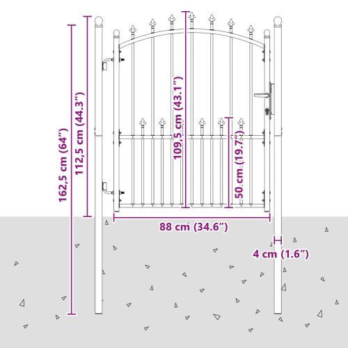 Оградна врата с шипове с заключване Черно 100 x 125 cm