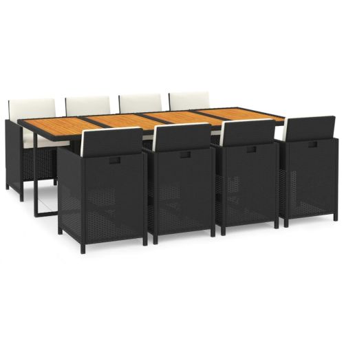 Градински трапезен комплект възглавници 9 части полиратан черен