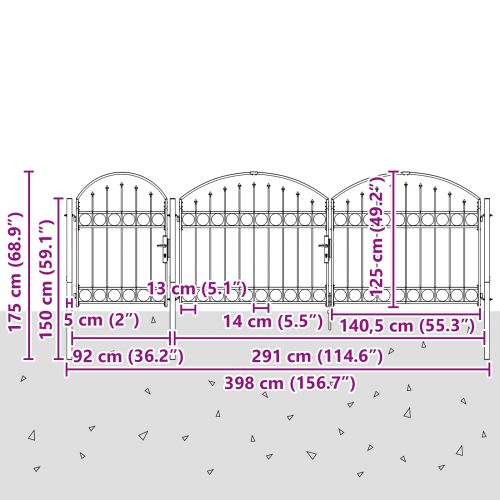 Врата за ограда с аркиран връх Сив 4 x 1,25 m Стомана