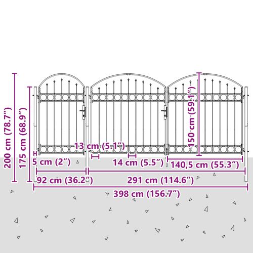 Врата за ограда с аркиран връх Сив 400 x 100 cm Стомана