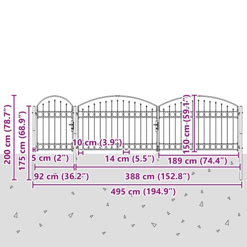 Врата за ограда с аркиран връх Сив 500 x 100 cm Стомана