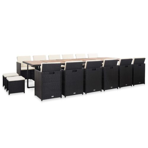 Градински комплект с възглавници, 17 части, черен полиратан