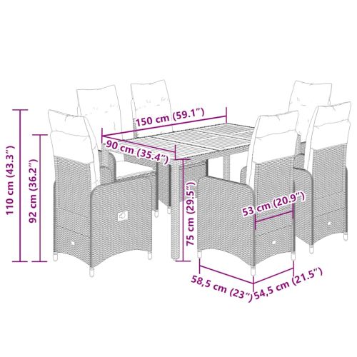 Градински бистро комплект с възглавници 7 части сив полиратан
