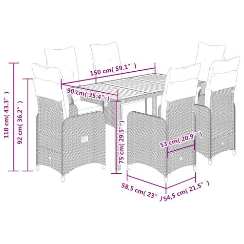 Градински бистро комплект с възглавници 7 части сив полиратан