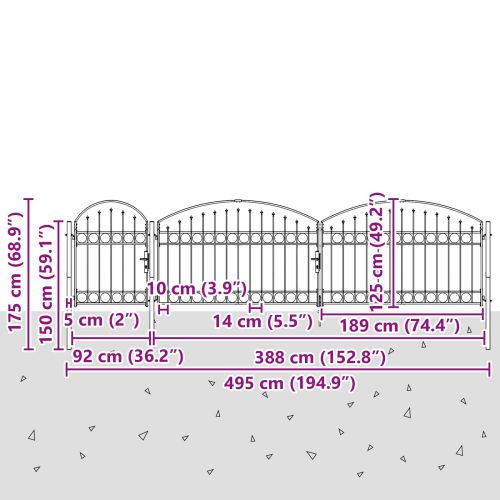 Врата за ограда с аркиран връх Сив 500 x 75 cm Стомана