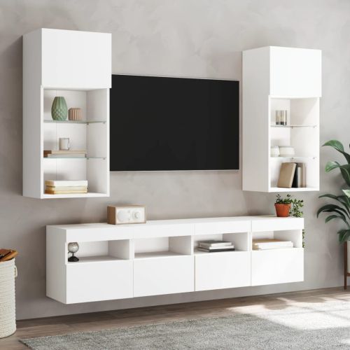 ТВ стенни модули с LED, 5 части, бели, инженерно дърво