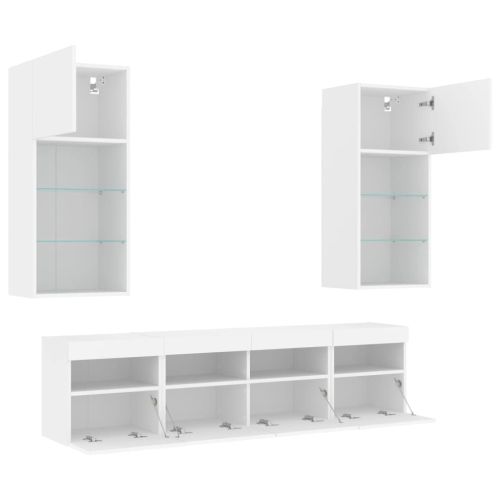 ТВ стенни модули с LED, 5 части, бели, инженерно дърво