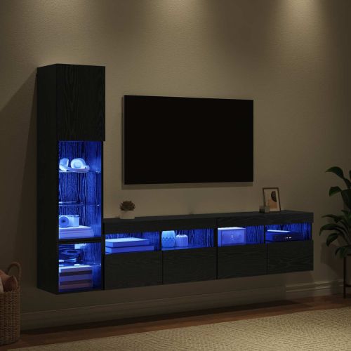 Телевизионен стенен шкаф с LED 4 pcs Черния дъб Инженерно дърво