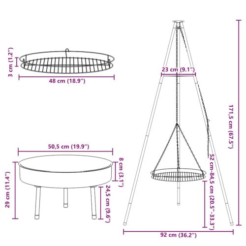 Трипод за лагерен огън 3 pcs Черно Стомана