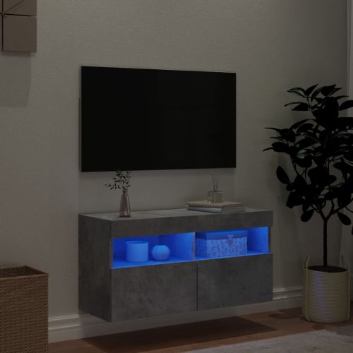 Стенен ТВ шкаф с LED осветление, бетонно сив, 80x30x40 см