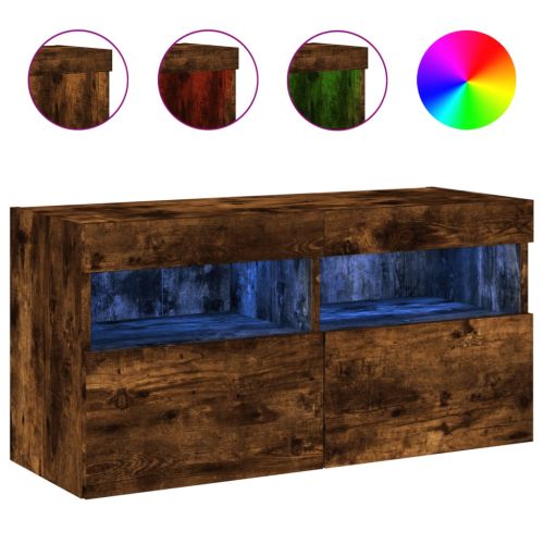 Стенен ТВ шкаф с LED осветление, опушен дъб, 80x30x40 см