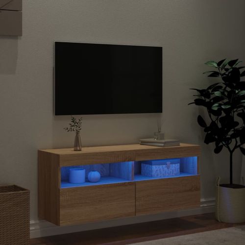 Стенен ТВ шкаф с LED осветление, сонома дъб, 100x30x40 см