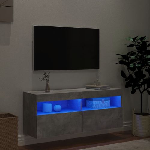 Стенен ТВ шкаф с LED осветление, бетонно сив, 100x30x40 см