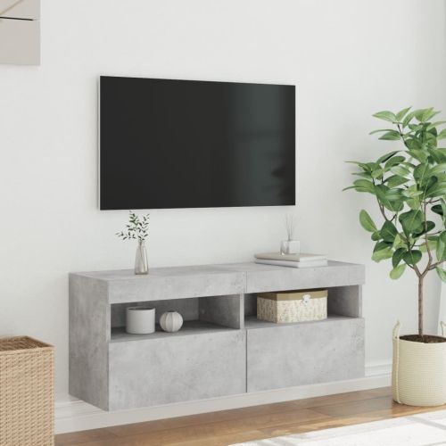 Стенен ТВ шкаф с LED осветление, бетонно сив, 100x30x40 см