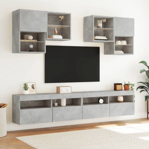 Стенен ТВ шкаф с LED осветление, бетонно сив, 100x30x40 см