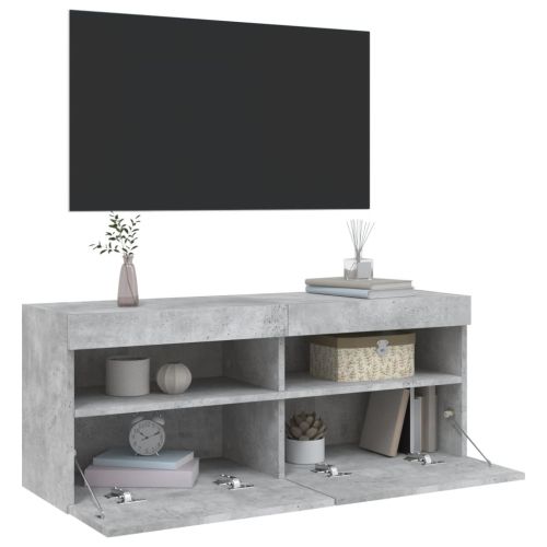Стенен ТВ шкаф с LED осветление, бетонно сив, 100x30x40 см