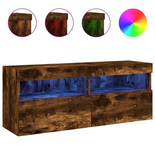 Стенен ТВ шкаф с LED осветление, опушен дъб, 100x30x40 см