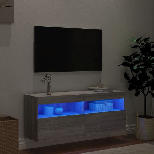 Стенен ТВ шкаф с LED осветление, сив сонома, 100x30x40 см