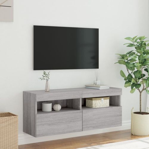 Стенен ТВ шкаф с LED осветление, сив сонома, 100x30x40 см