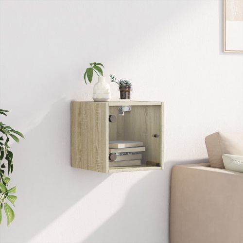 Нощно шкафче със стъклена врата дъб сонома 35x37x35 см