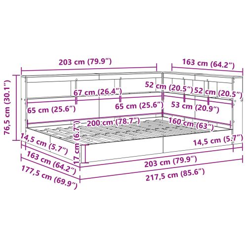 Легло с библиотека Опушен дъб 160 x 200 cm Инженерно дърво