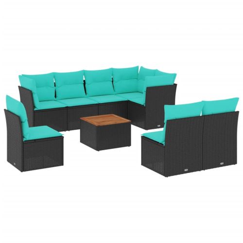 Градински комплект диван с възглавници 9 части черен полиратан