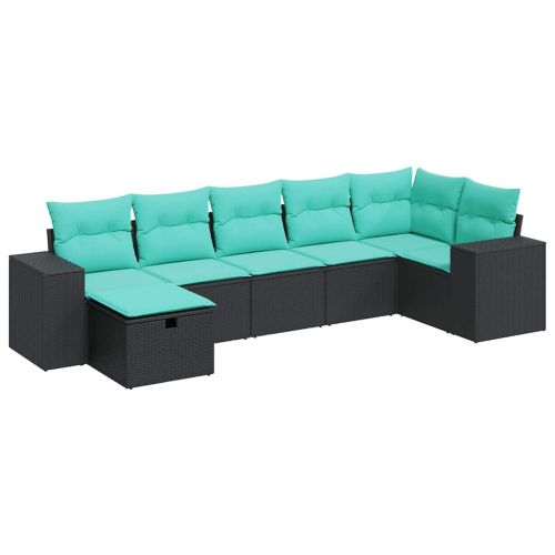 Градински комплект диван с възглавници 7 части черен полиратан