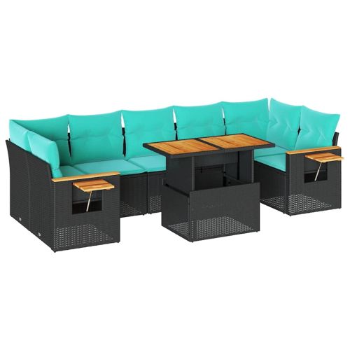 Градински комплект диван с възглавници 8 части черен полиратан