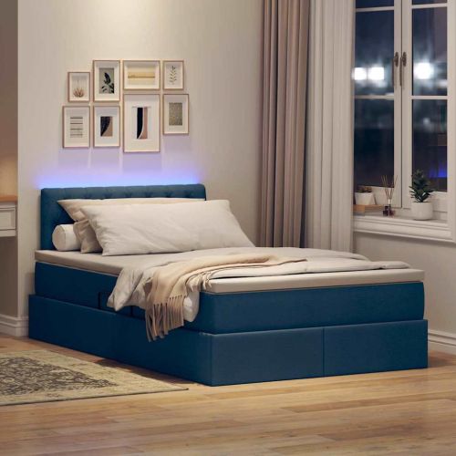 Легло с място за съхранение и LED Синьо 120 x 190 cm текстил