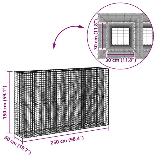 Габиона повдигнато легло 3 pcs Сребрист 250 x 50 x 150 см