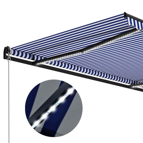 Ръчно прибираща се тента с LED, 300x250 см, синьо и бяло