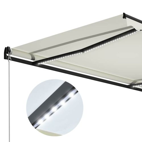 Ръчно прибираща се тента с LED, 300x250 см, кремава