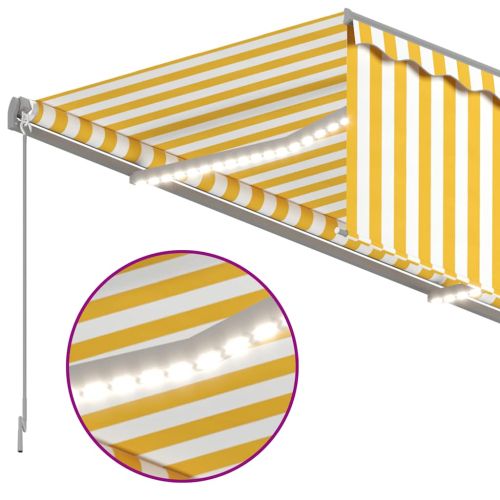 Ръчно прибиращ се сенник с щора и LED, 3x2,5 м, жълто и бяло